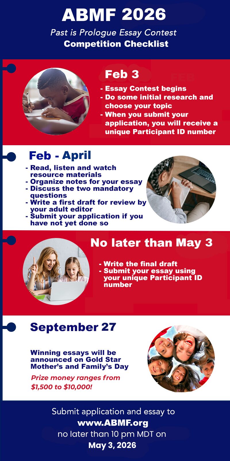 A vertical infographic for the ABMF 2026 “Past is Prologue” Essay Contest titled Competition Checklist. The background is primarily blue with red circular photo placeholders along the left and right sides. At the top, white and yellow text introduces the contest. A section labeled Feb 3 includes bullet points explaining that the essay contest begins, advising participants to research and choose a topic, and stating that a unique Participant ID number is provided upon application submission. The Feb–April section outlines steps for reading, listening, and watching source material; organizing notes; discussing two mandatory questions; writing a first draft; and submitting an application if not yet completed. A section labeled No later than May 3 instructs participants to write their final draft and submit the essay using their Participant ID number. The September 27 section notes that winning essays will be announced on Gold Star Mother’s and Family’s Day, with prize amounts ranging from $1,500 to $10,000. At the bottom, white text directs participants to submit applications and essays to the website www.ABMF.org by 10 pm MDT on May 3, 2026.