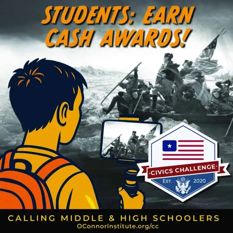 A promotional graphic encouraging students to earn cash awards. The background features a black‑and‑white reproduction of the famous painting Washington Crossing the Delaware depicting a group of people standing and rowing in a boat while crossing an icy river. In the foreground, an illustrated student wearing a backpack holds a smartphone on a stabilizer, filming the scene. The phone screen shows the same historic image. At the top, bold orange text reads STUDENTS: EARN CASH AWARDS. At the bottom, a dark banner reads CALLING MIDDLE & HIGH SCHOOLERS along with a website address. To the right, a badge‑style logo displays a stylized flag above the text Civics Challenge, Est. 2020, with an eagle emblem.