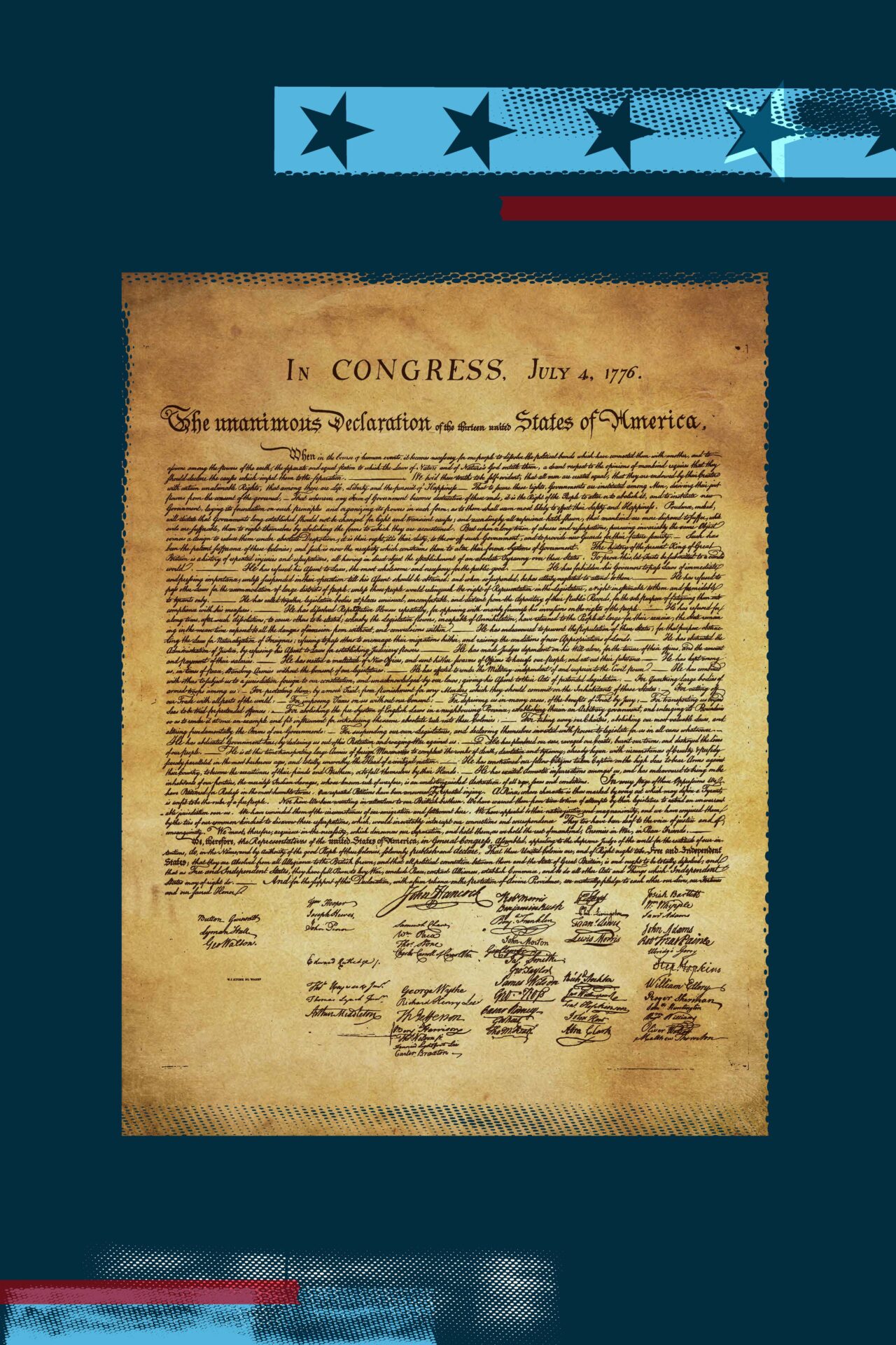 A historic-style parchment document of the Declaration of Independence is displayed vertically against a dark blue background. The parchment is aged in appearance, with a warm tan color and darker edges. The heading reads IN CONGRESS, July 4, 1776, followed by dense handwritten text covering most of the page. Signatures appear in several grouped sections at the bottom. Decorative elements around the border of the background include a strip of light blue with dark stars near the top and small red and blue graphic accents along the edges.