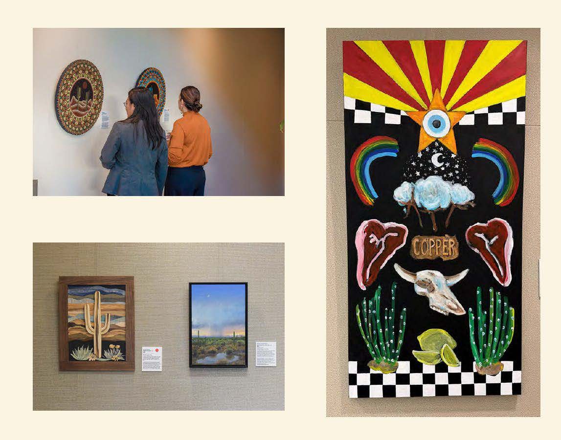 A collage of three images displaying artwork. In the top left, two people stand side by side in front of two circular mixed‑media pieces mounted on a gallery wall. The artwork features patterned, ornate designs, and a small description card is posted beside them. In the bottom left, two rectangular framed paintings hang on a neutral‑colored wall. One painting shows a large saguaro cactus with desert plants in the foreground. The other painting depicts a landscape with a wide sky and distant horizon. A small label is placed between the two. On the right side, a tall, colorful artwork features bold graphic elements: rays of yellow and red at the top, a large blue eye with an orange triangle beneath it, clouds, crescent moons, rainbows, stylized steaks, green cactus shapes, a cow skull, and the word COPPER in the center. The bottom edge has a black‑and‑white checkered pattern.