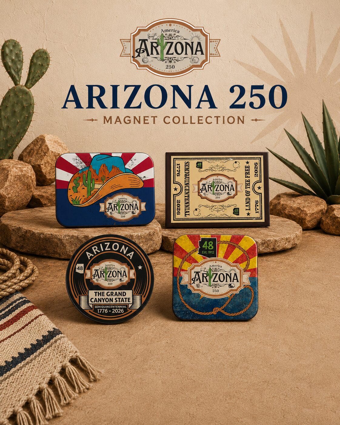 A warm, desert-themed display shows four Arizona-themed magnets arranged on stacked stone slabs against a sandy, textured background. Each magnet features bold Southwestern designs, including a desert scene with a cactus and sunburst sky, a vintage ticket style, a circular “Grand Canyon State 1776–2026” design, and a colorful piece with rope and the number “48.” Above them, large text reads “ARIZONA 250” with “MAGNET COLLECTION” below. Surrounding the display are natural elements like a tall cactus, desert plants, rocks, and a woven blanket, all lit with soft, warm lighting that emphasizes a rustic, Southwestern atmosphere.