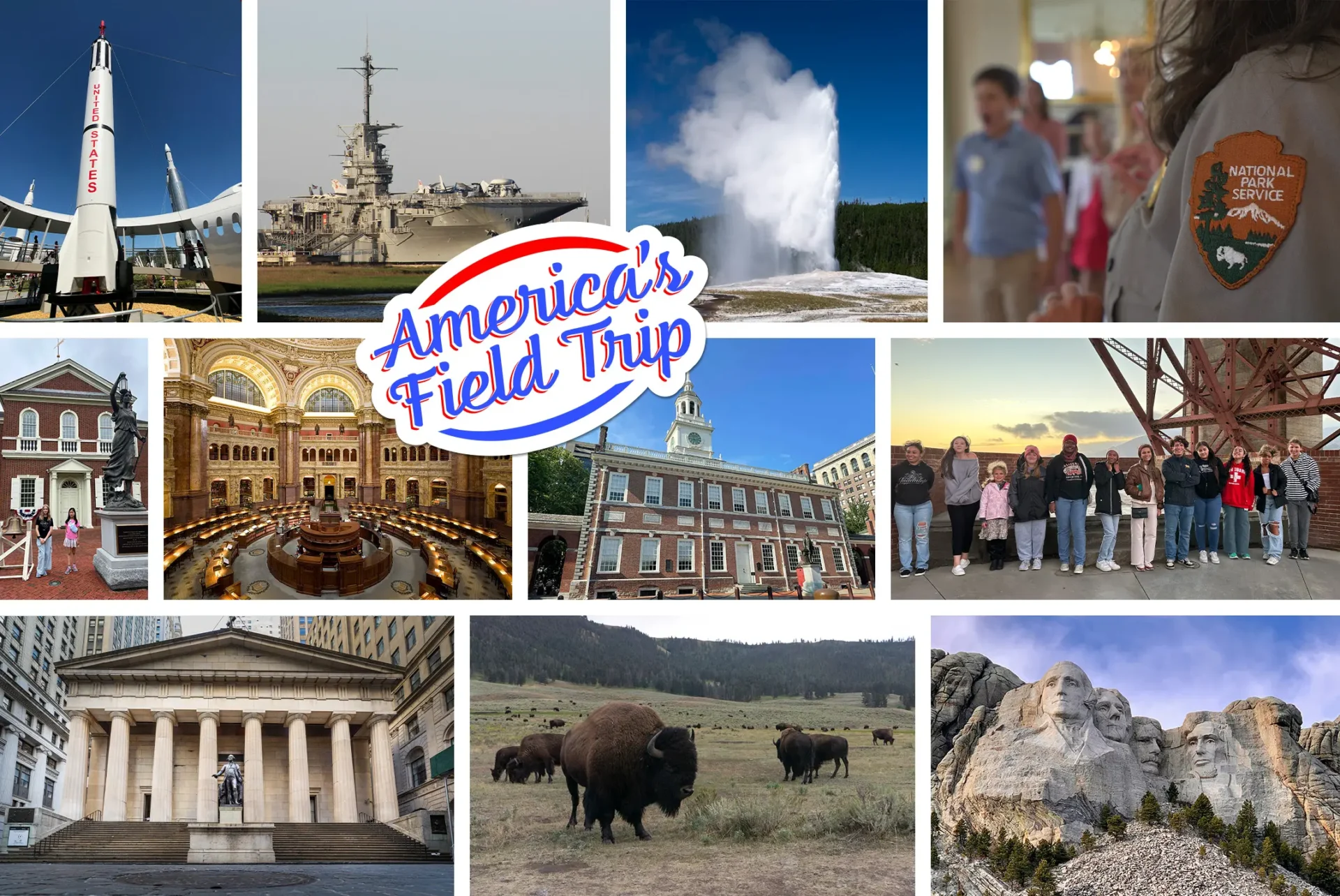 Aft Collage 2026 A collage-style graphic titled “America’s Field Trip” displayed in red, white, and blue cursive lettering at the center, surrounded by a grid of photographs representing landmarks, history, nature, and educational experiences across the United States.